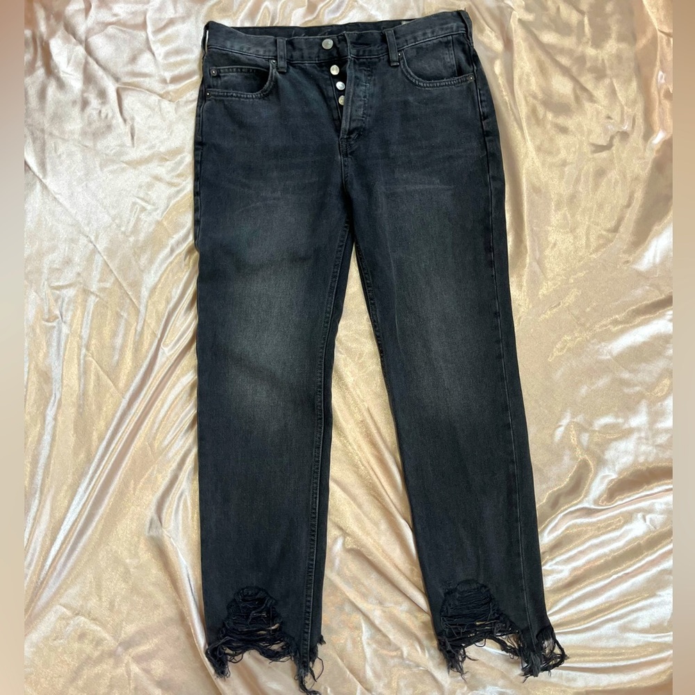 Free People Distressed Black Denim Straight Leg Jeans